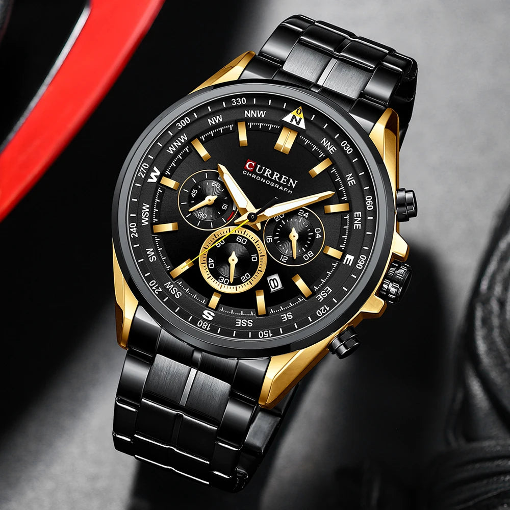 CURREN Montres-bracelets de luxe pour hommes Montres-bracelets à quartz en acier inoxydable avec chronographe Horloge de sport décontractée