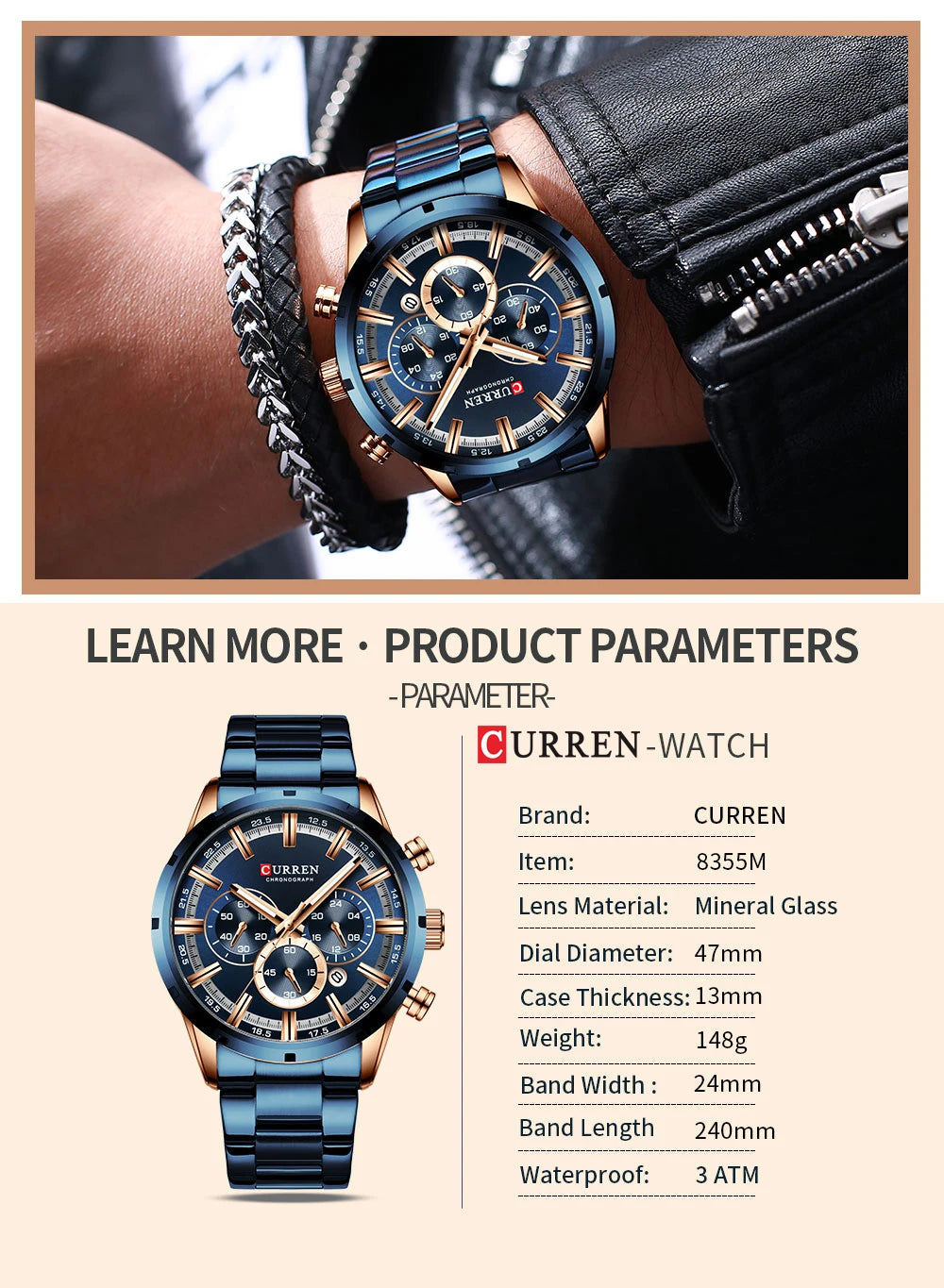 Montre curren  à quartz chronographe en acier inoxydable pour homme, montres de sport de luxe, marque supérieure, nouvelle mode