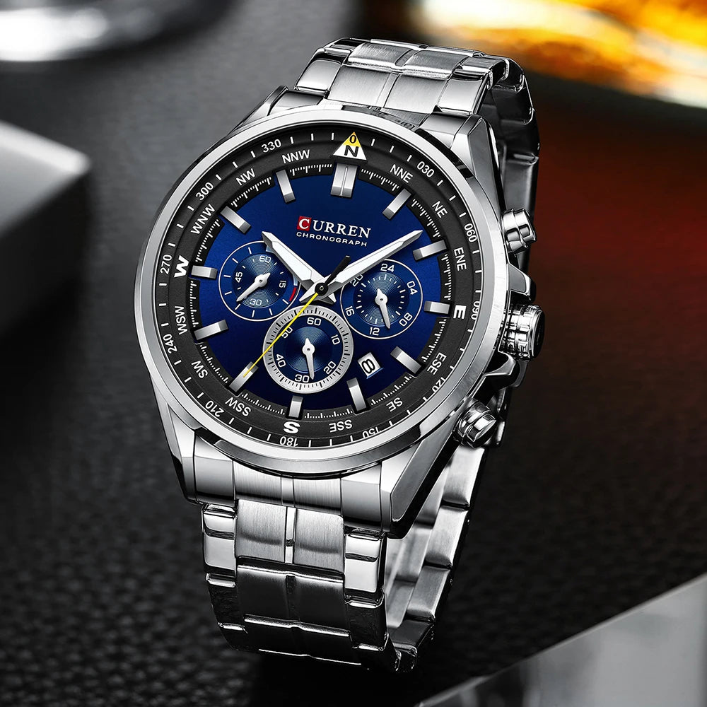 CURREN Montres-bracelets de luxe pour hommes Montres-bracelets à quartz en acier inoxydable avec chronographe Horloge de sport décontractée