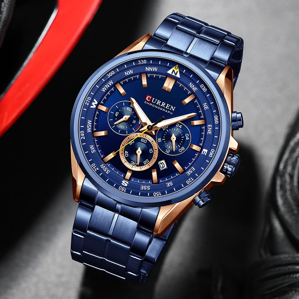 CURREN Montres-bracelets de luxe pour hommes Montres-bracelets à quartz en acier inoxydable avec chronographe Horloge de sport décontractée