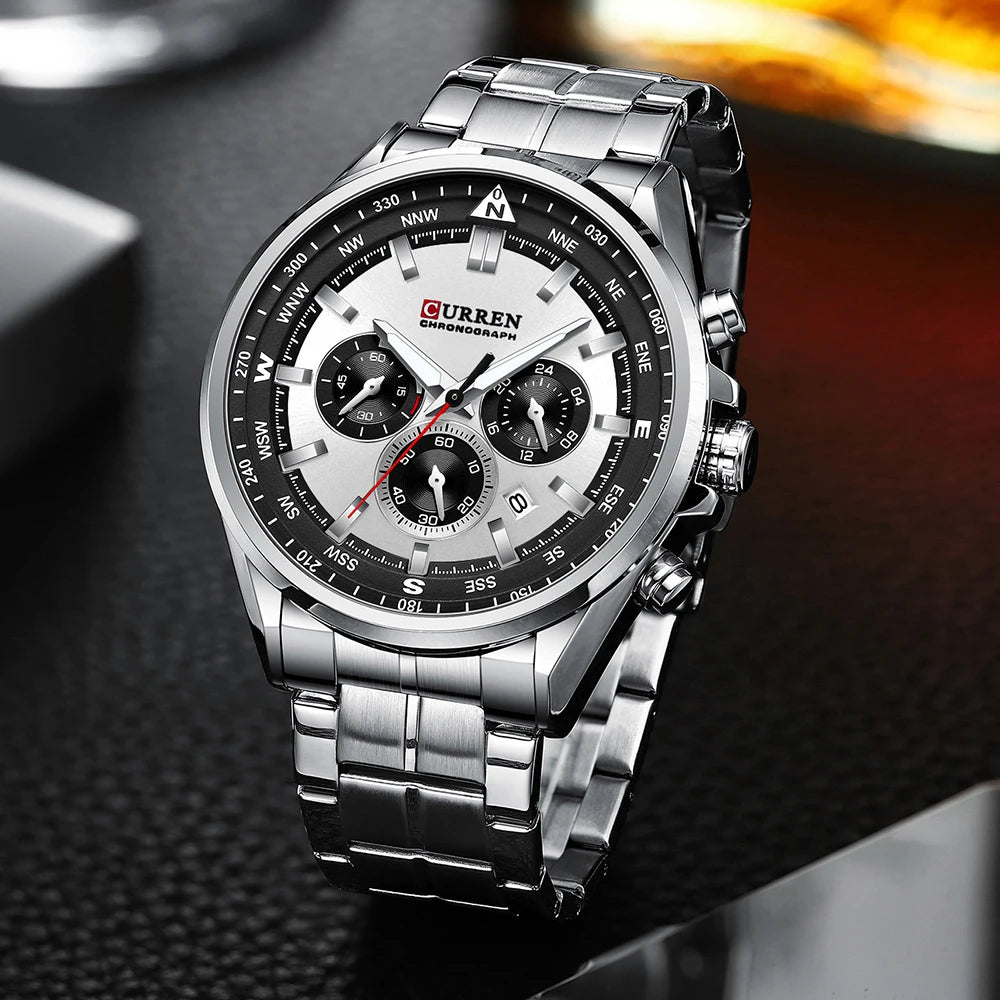 CURREN Montres-bracelets de luxe pour hommes Montres-bracelets à quartz en acier inoxydable avec chronographe Horloge de sport décontractée
