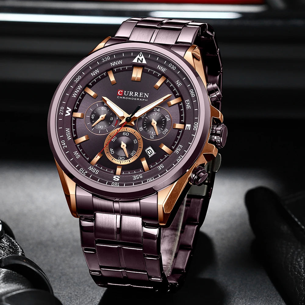 CURREN Montres-bracelets de luxe pour hommes Montres-bracelets à quartz en acier inoxydable avec chronographe Horloge de sport décontractée