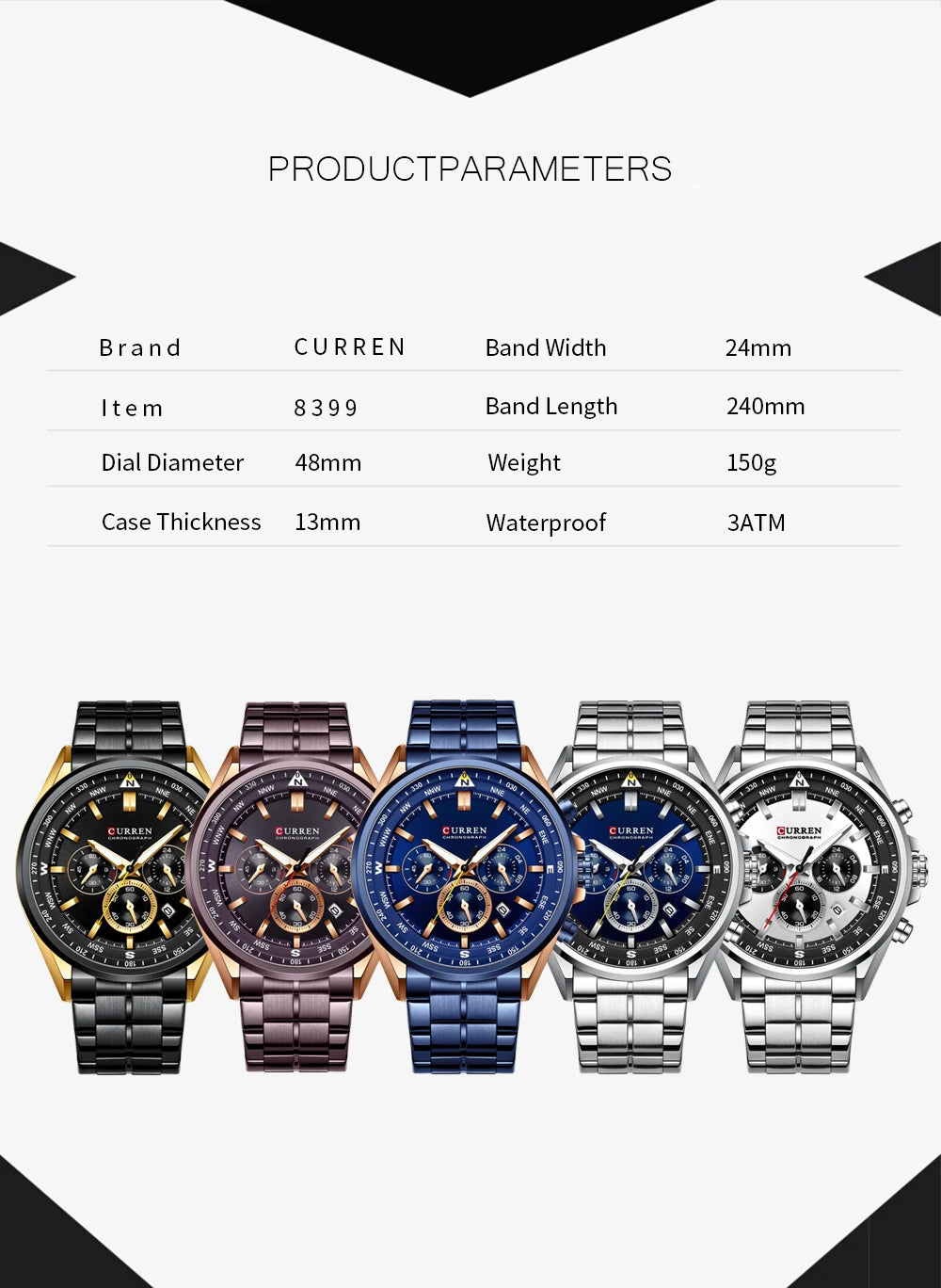 CURREN Montres-bracelets de luxe pour hommes Montres-bracelets à quartz en acier inoxydable avec chronographe Horloge de sport décontractée