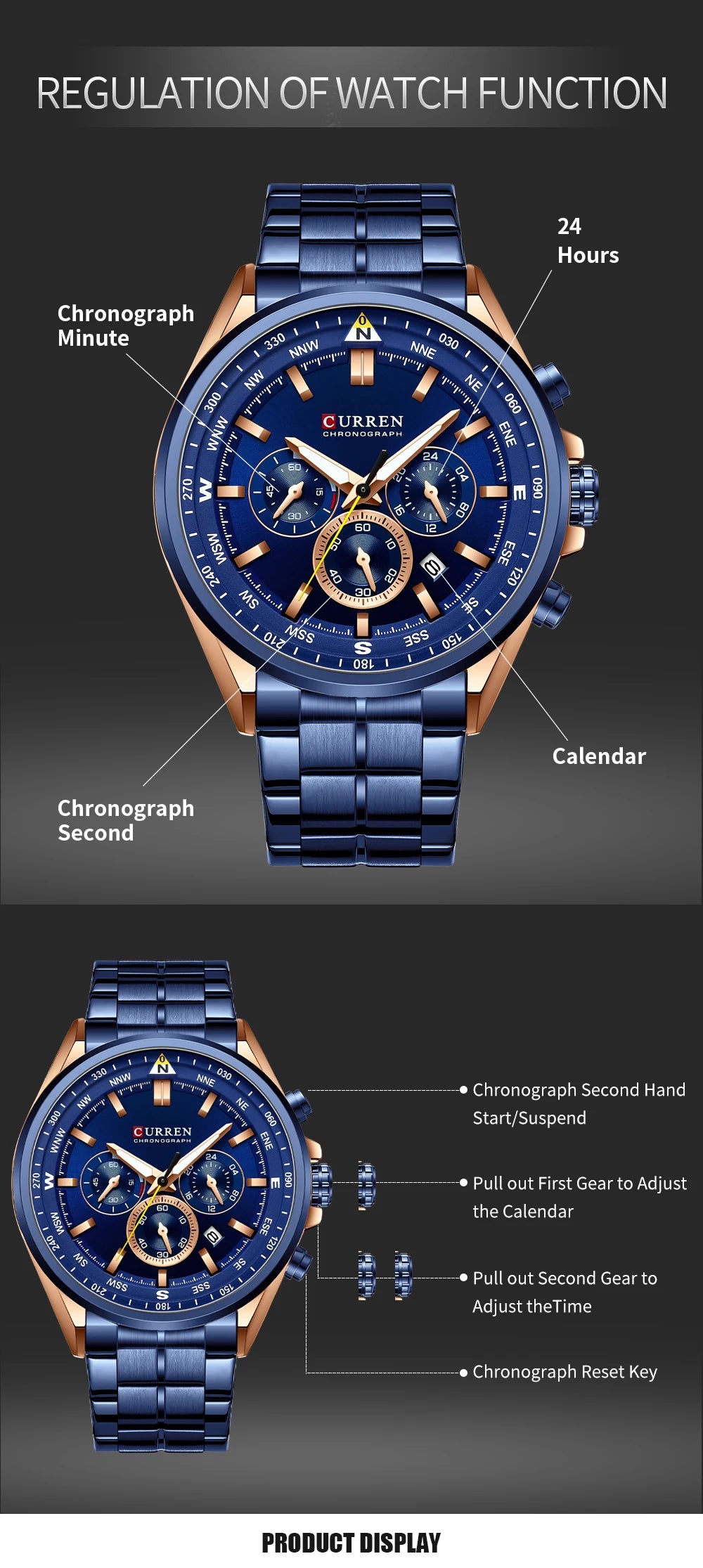 CURREN Montres-bracelets de luxe pour hommes Montres-bracelets à quartz en acier inoxydable avec chronographe Horloge de sport décontractée