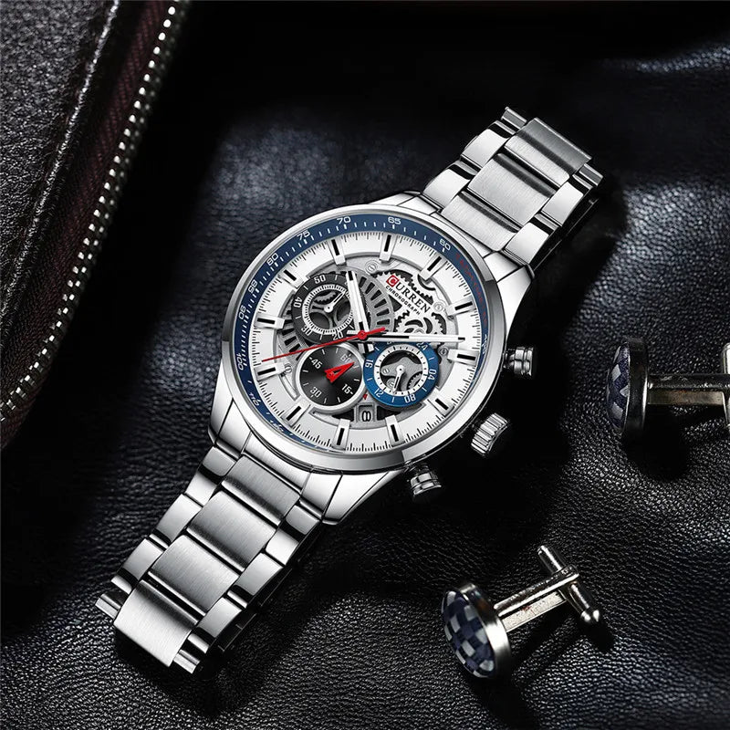 CURREN – montre-bracelet de Sport en acier inoxydable pour homme, chronographe étanche, marque de luxe, style militaire, idée cadeau