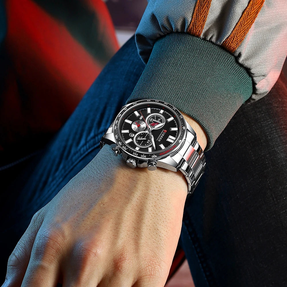 CURREN – montre-bracelet à Quartz en acier inoxydable pour hommes, chronographe de sport avec aiguilles lumineuses,