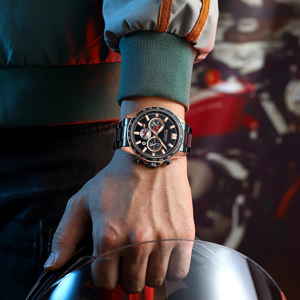 CURREN – montre-bracelet à Quartz en acier inoxydable pour hommes, chronographe de sport avec aiguilles lumineuses,
