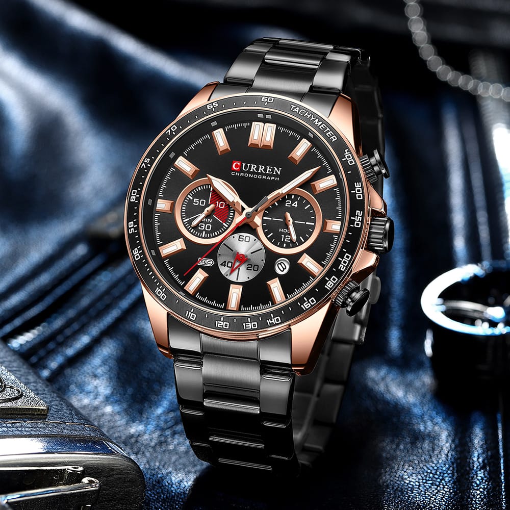 CURREN – montre-bracelet à Quartz en acier inoxydable pour hommes, chronographe de sport avec aiguilles lumineuses,