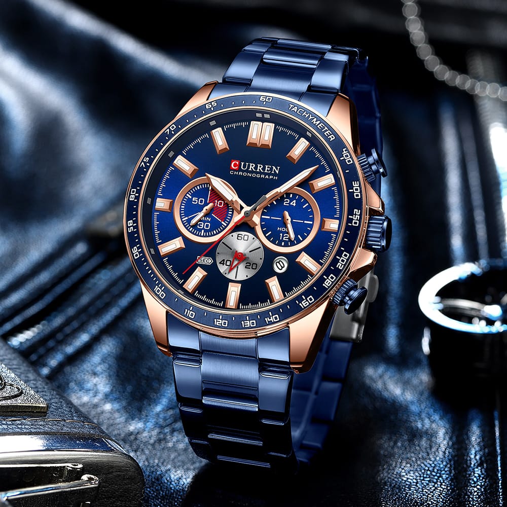 CURREN – montre-bracelet à Quartz en acier inoxydable pour hommes, chronographe de sport avec aiguilles lumineuses,