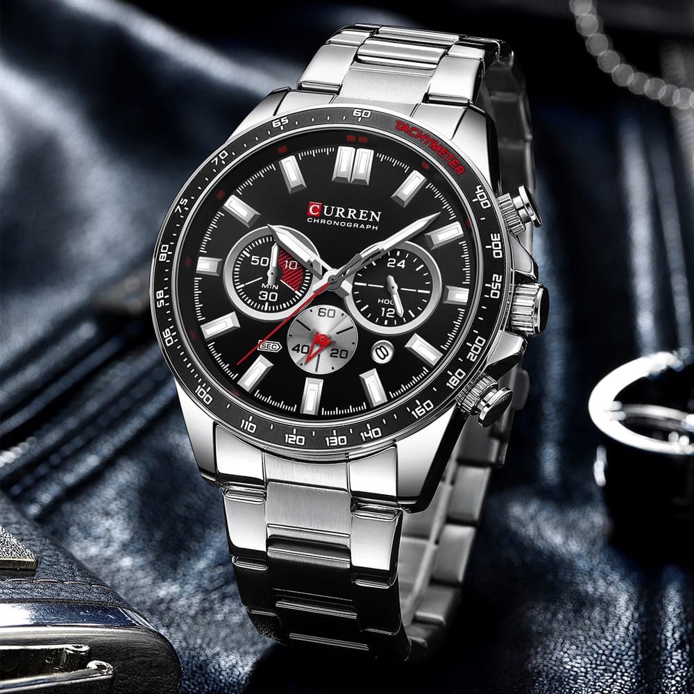 CURREN – montre-bracelet à Quartz en acier inoxydable pour hommes, chronographe de sport avec aiguilles lumineuses,