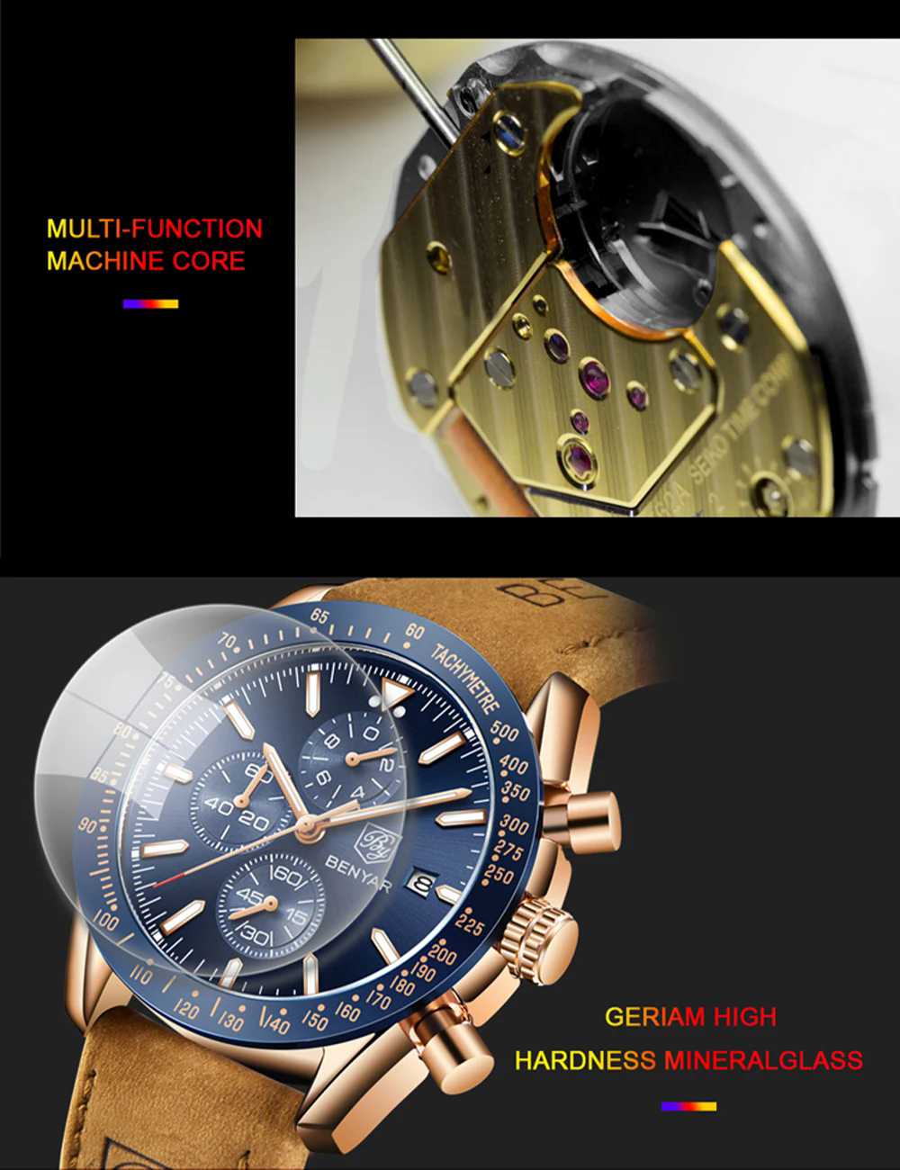 Montre chronographe BENYAR pour homme, cadran bleu et bracelet en cuir marron