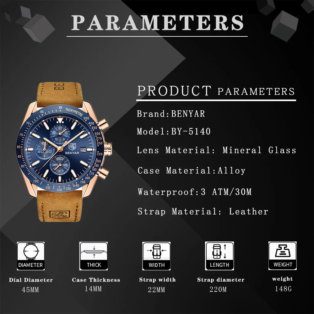 Montre chronographe BENYAR pour homme, cadran bleu et bracelet en cuir marron
