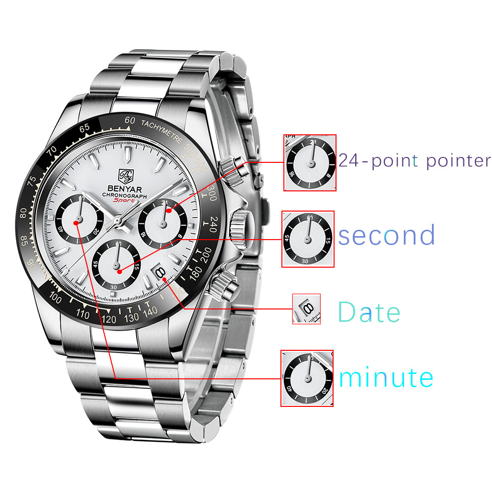 Montre-bracelet chronographe sport BENYAR en acier inoxydable