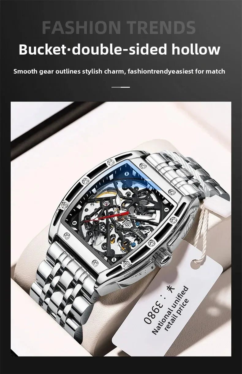 Montre-bracelet mécanique automatique pour hommes, veilleuse étanche en forme de baril, diffusion en direct, best-seller en cuir véritable, offre spéciale de Th