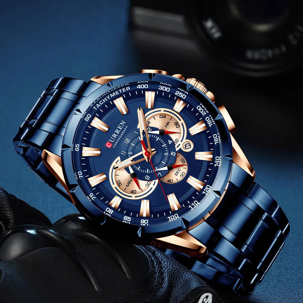 Montre-bracelet chronographe en acier inoxydable pour homme, montre à quartz de luxe, marque supérieure, mode sport