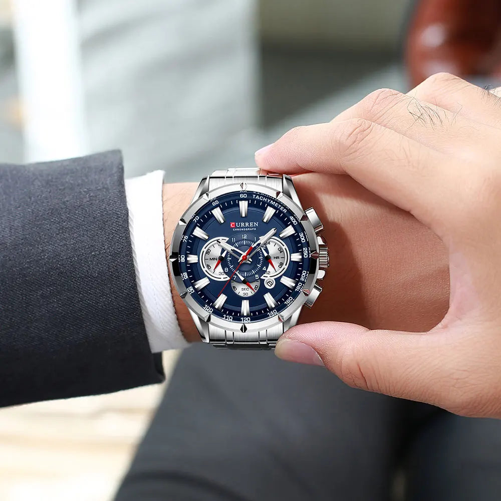 Montre-bracelet chronographe en acier inoxydable pour homme, montre à quartz de luxe, marque supérieure, mode sport
