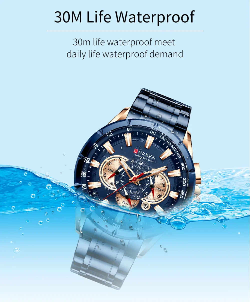 Montre-bracelet chronographe en acier inoxydable pour homme, montre à quartz de luxe, marque supérieure, mode sport